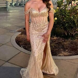 Gold Embellished Off-Shoulder Prom Gown